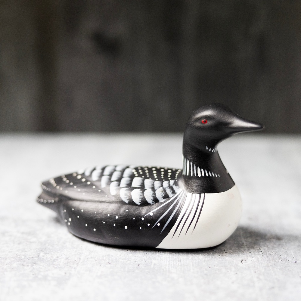 Black white loon painted ceramic bird duck decoy made in Canada